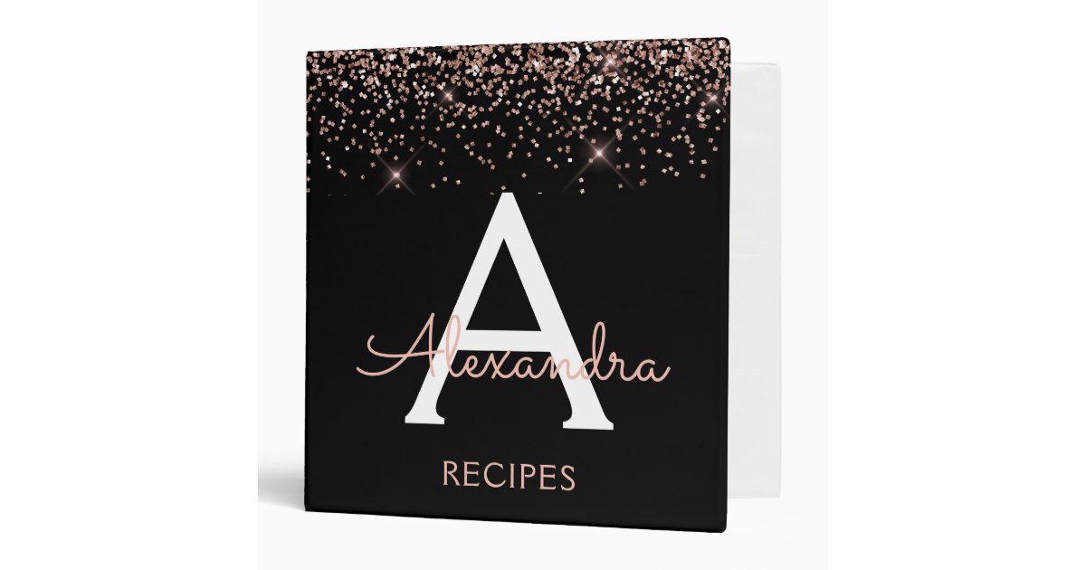 Recipe Rose Gold Blush Pink Glitter Monogram 3 Ring Binder | Zazzle