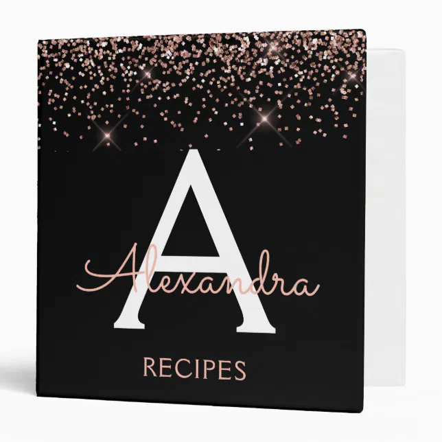 Recipe Rose Gold Blush Pink Glitter Monogram 3 Ring Binder | Zazzle