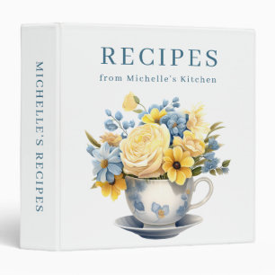Recipe Teacup Yellow Blue Flowers 3 Ring Binder