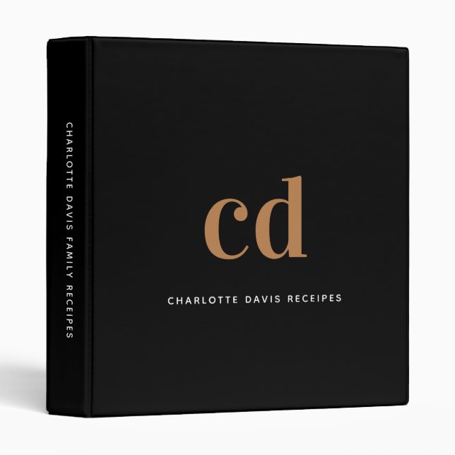 Recipes black gold monogram modern cookbook 3 ring binder (Front/Spine)