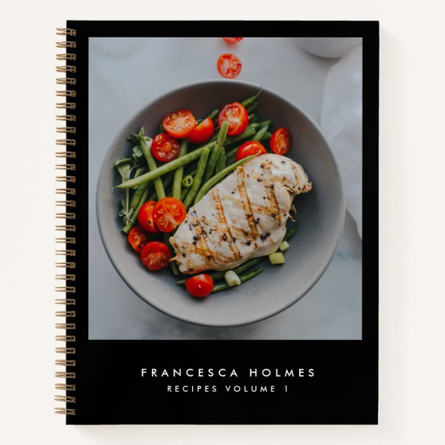 Recipes Black Modern Stylish Photo Recipe Notebook (Front)