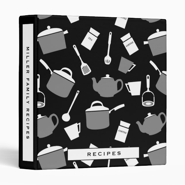 Recipes | Black White & Gray Kitchen Pattern 3 Ring Binder (Front/Spine)
