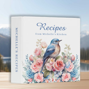 Recipes Cookbook Blue Bird Pink Blue Flowers 3 Ring Binder
