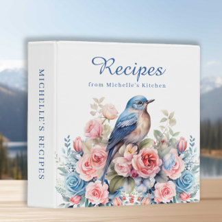 Recipes Cookbook Blue Bird Pink Blue Flowers 3 Ring Binder