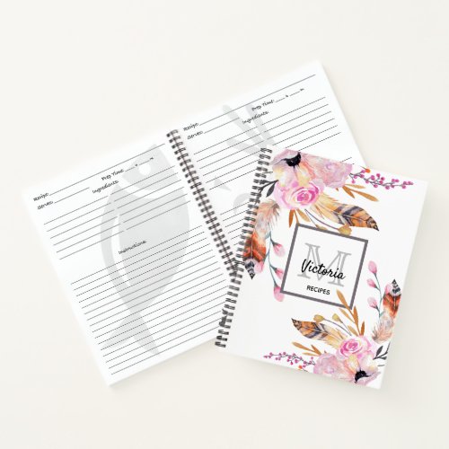 Recipes cookbook florals feather white pink name notebook