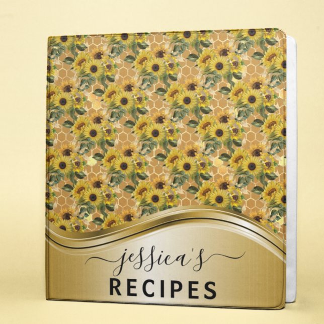 Recipes Cookbook Watercolor Monogram Sunflower 3 Ring Binder (Creator Uploaded)