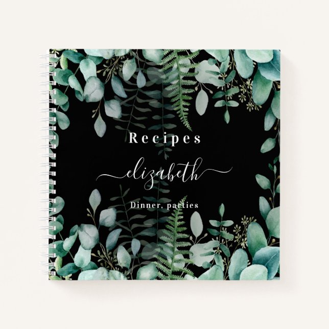 Recipes eucalyptus greenry woodland black notebook (Front)