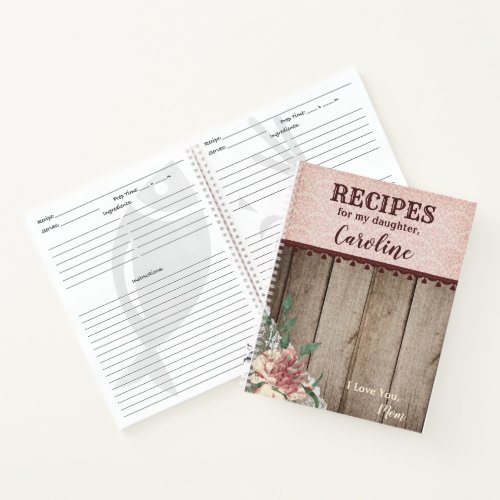 Recipes For Daughter Personalized Floral Wooden Notebook