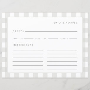 Recipes Gingham Pattern Gray and White Recipe Card