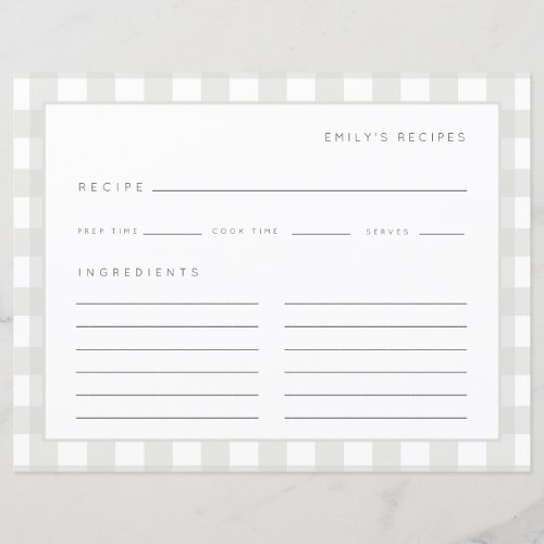 Recipes Gingham Pattern Gray and White Recipe Card