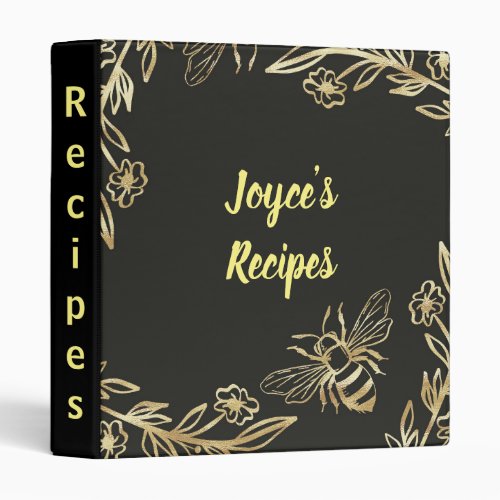 Recipes Gold Bees on Black 3 Ring Binder