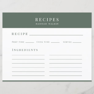Recipes   Minimal Elegant Forest Green Recipe Card