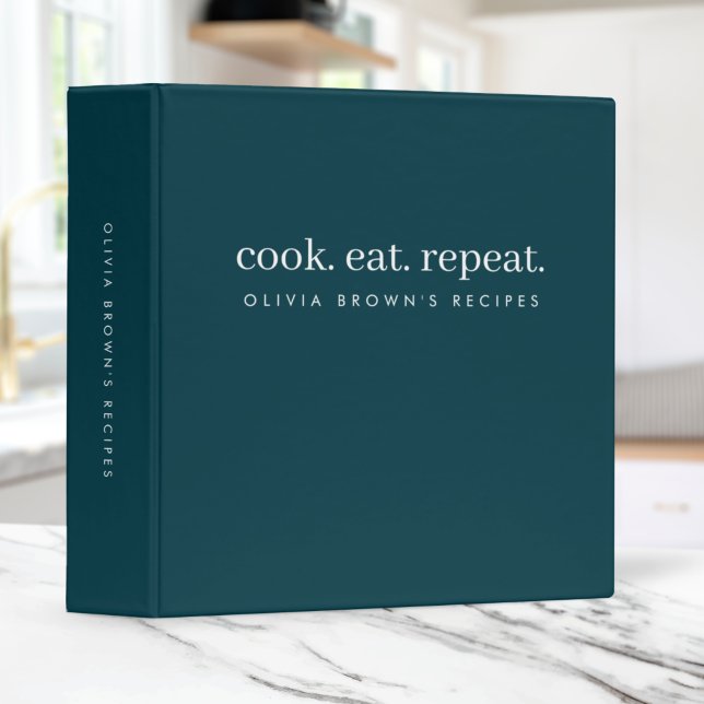 Recipes Modern Stylish Trendy Teal Cook Eat Repeat 3 Ring Binder (Creator Uploaded)