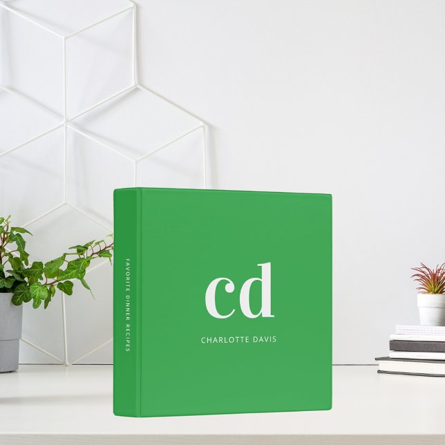 Recipes monogram green white custom name cookbook 3 ring binder (Creator Uploaded)