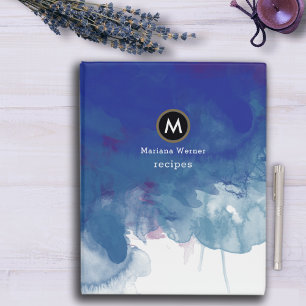 Recipes Monogram Watercolor Blue Mini Binder