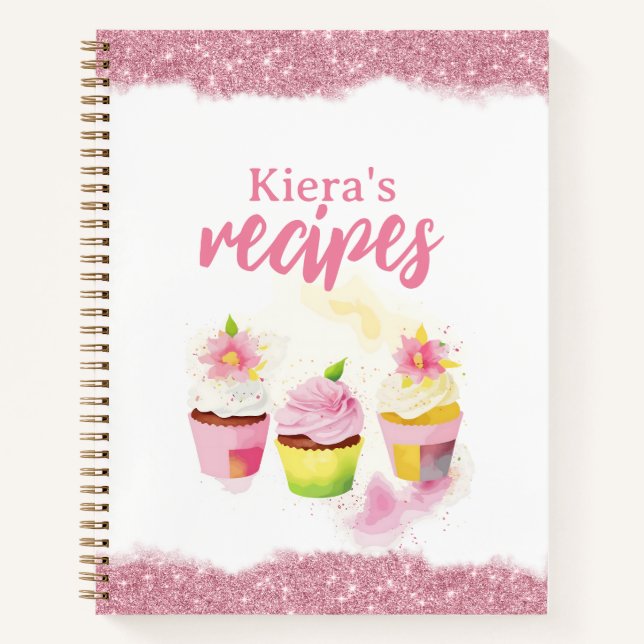 Recipes Pink Glitter Cupcake Personalized Notebook (Front)