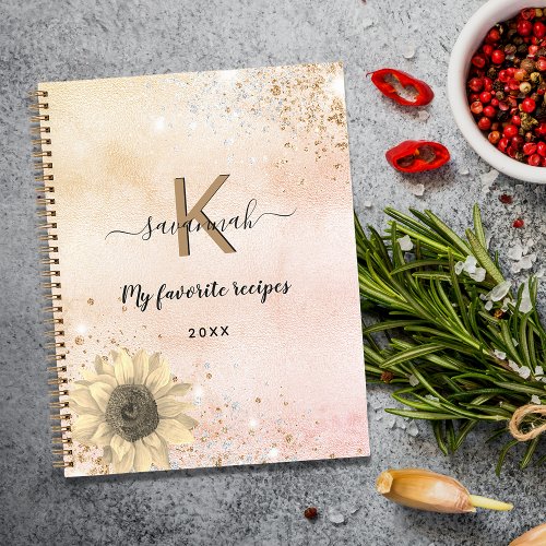 Recipes rose gold glitter sunflower monogram notebook
