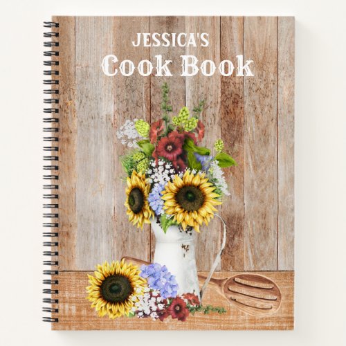 Recipes Rustic Kitchen Sunflower Wood Monogram Notebook