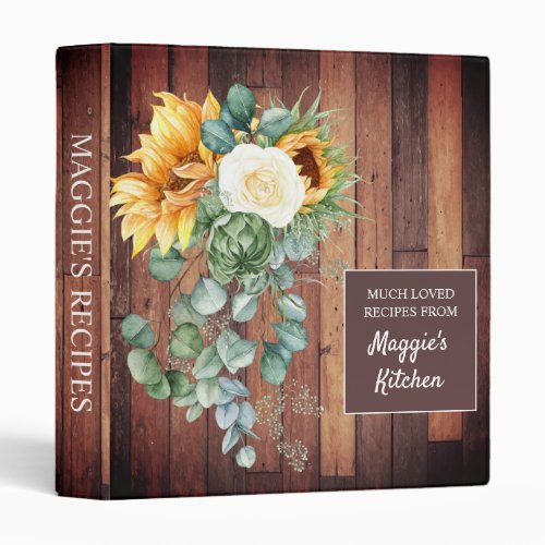 Recipes Sunflowers Eucalyptus Rustic Wood Notebook 3 Ring Binder