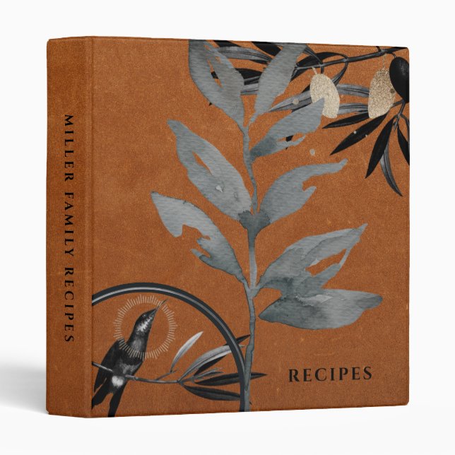 Recipes | Watercolor Leaves | Brown Leather 3 Ring Binder (Front/Spine)