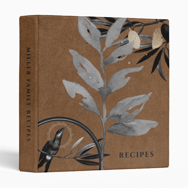 Recipes | Watercolor Leaves | Brown Leather 3 Ring Binder (Front/Spine)