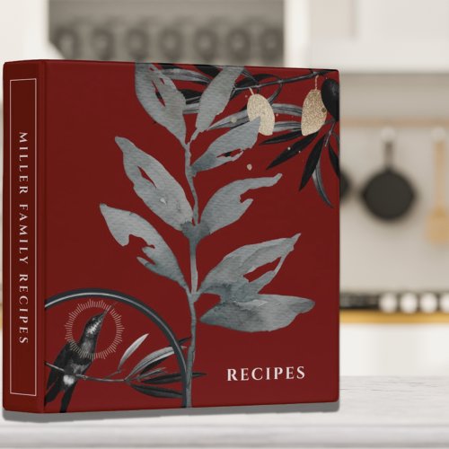 Recipes  Watercolor Leaves  Burgundy  Gray 3 Ring Binder