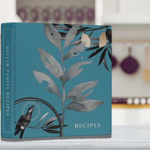 Recipes  Watercolor Leaves  Turquoise  Gray 3 Ring Binder