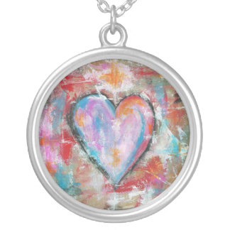 Reckless Heart Abstract Art Painting Pink Red Blue Silver Plated Necklace