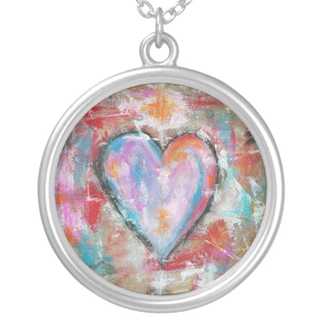 Reckless Heart Abstract Art Painting Pink Red Blue Silver Plated Necklace (Front)