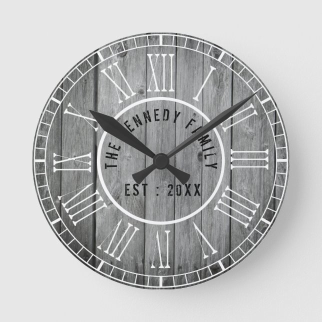 Reclaimed Wood Farmhouse White Roman Numerals Round Clock (Front)