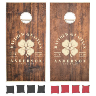 Reclaimed Wood Irish Lucky Clover Wedding Crest Cornhole Set