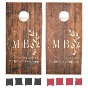 Reclaimed Wood Leaf Wedding Monogram Cornhole Set