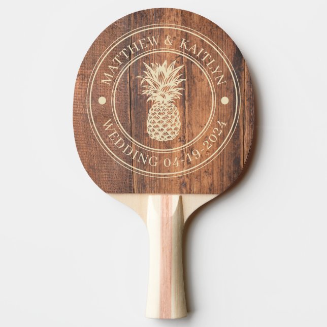 Reclaimed Wood Pineapple Wedding Crest & Names Ping Pong Paddle (Back)