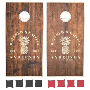Reclaimed Wood Tropical Pineapple Wedding Crest Cornhole Set