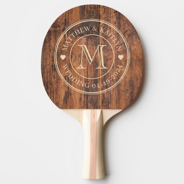 Reclaimed Wood Wedding Monogram Heart Ping Pong Paddle (Front)