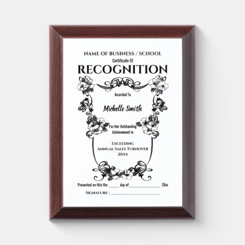 Recognition  Floral scroll formal achievement Award Plaque