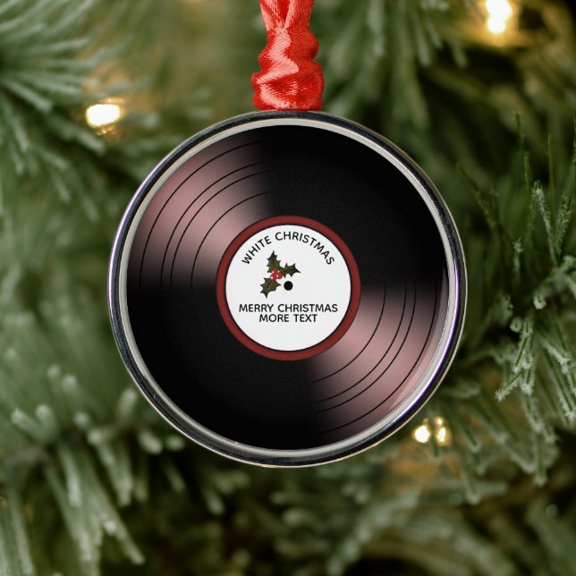 Record Album Personalized Christmas Red Tint Metal Ornament (Tree)