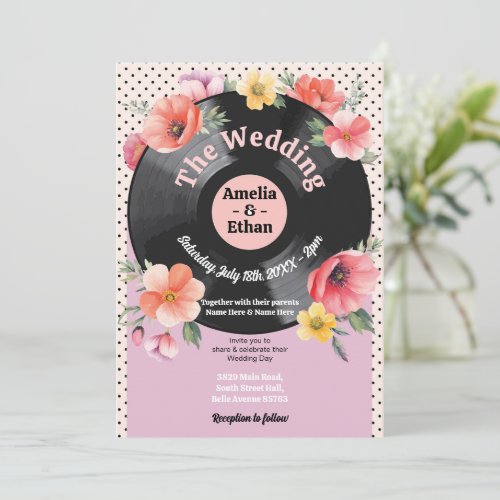 Record Music Wedding Floral 1950s Flowers Invitation