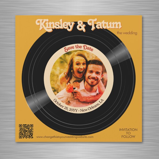 Record Photo Magnet Save the Date QR Groovy Browns (Retro vinyl record photo magnet Save the Dates with groovy colors and fonts)