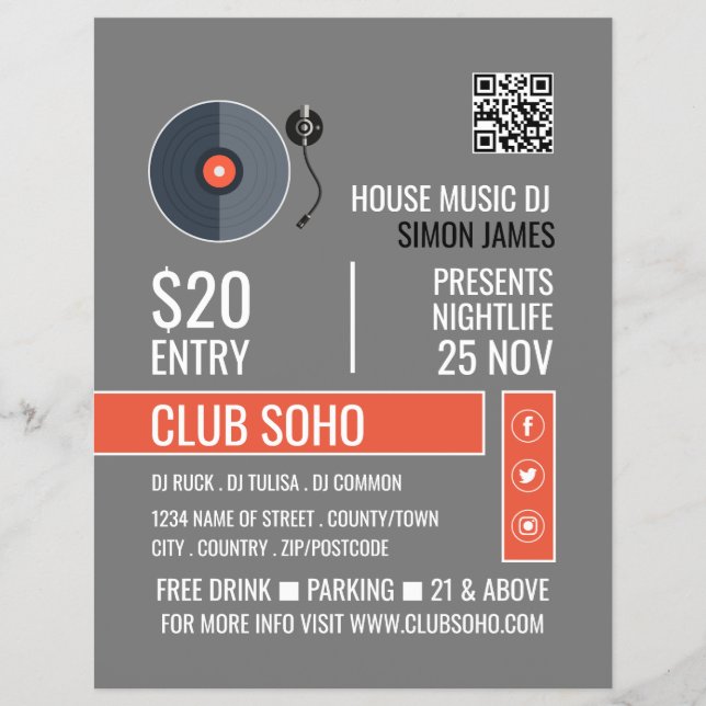 Record Player Logo, Professional DJ Advertising Flyer (Front)