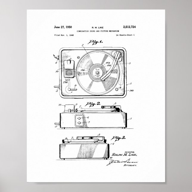 Record Player Patent Poster (Front)