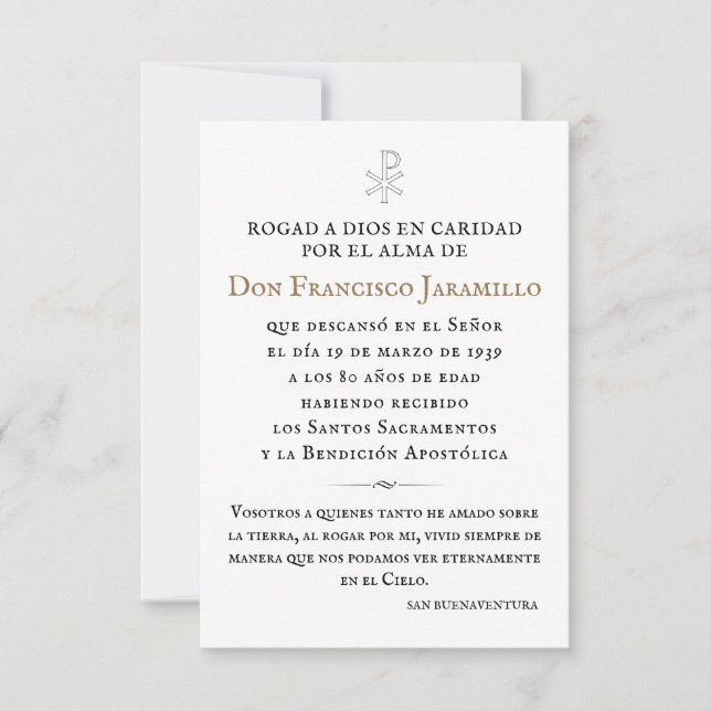Recordatorio Memorial Card (Front)
