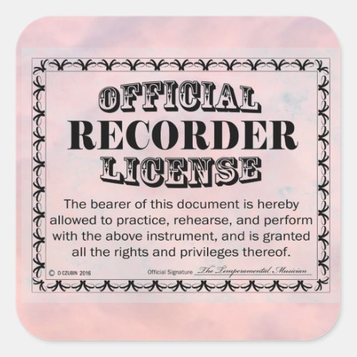 Recorder License Square Sticker
