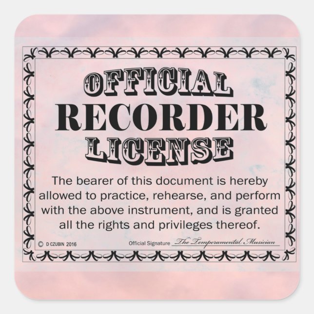 Recorder License Square Sticker (Front)