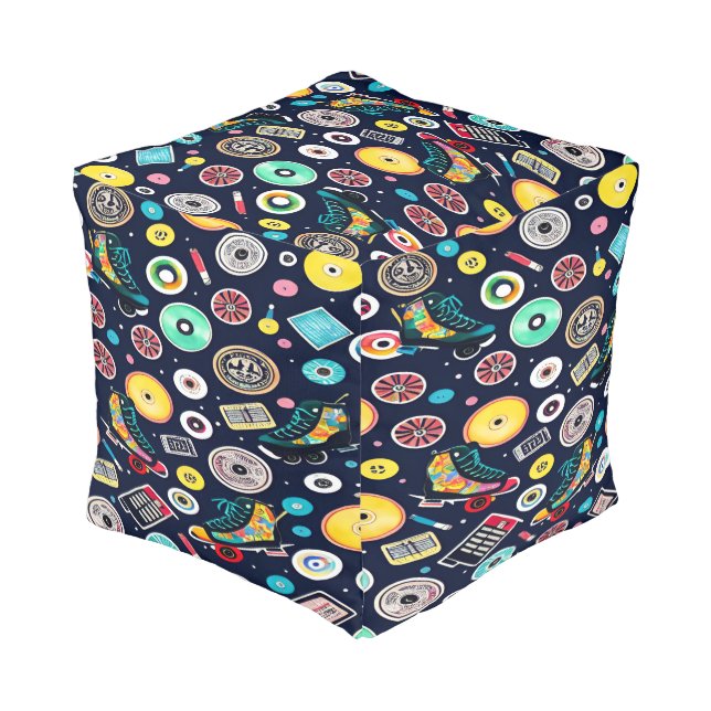 Records and Roller Skates Retro Cube Pouf (Angled Back)