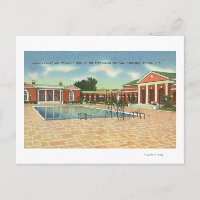 Recreation Bldg Interior Court and Pool View Postcard (Front)