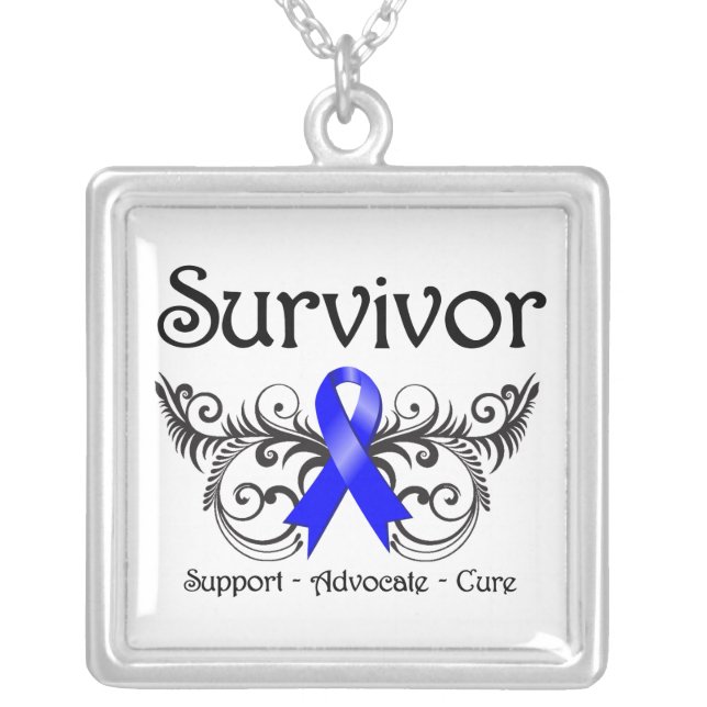 Rectal Cancer Survivor Deco Ribbon Silver Plated Necklace (Front)