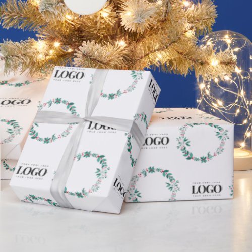 Rectangle Business Logo Christmas Holiday Wreath Wrapping Paper