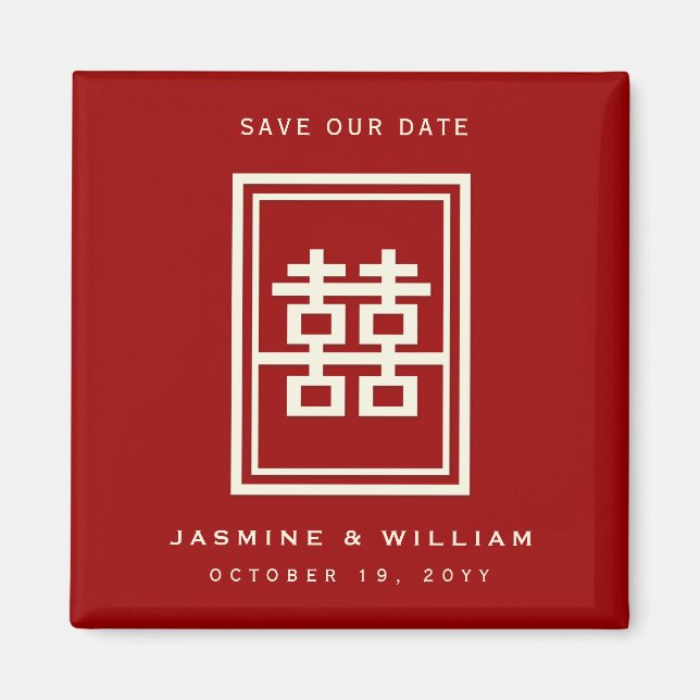 Rectangle Double Happiness Chinese Save The Date Magnet (Front)