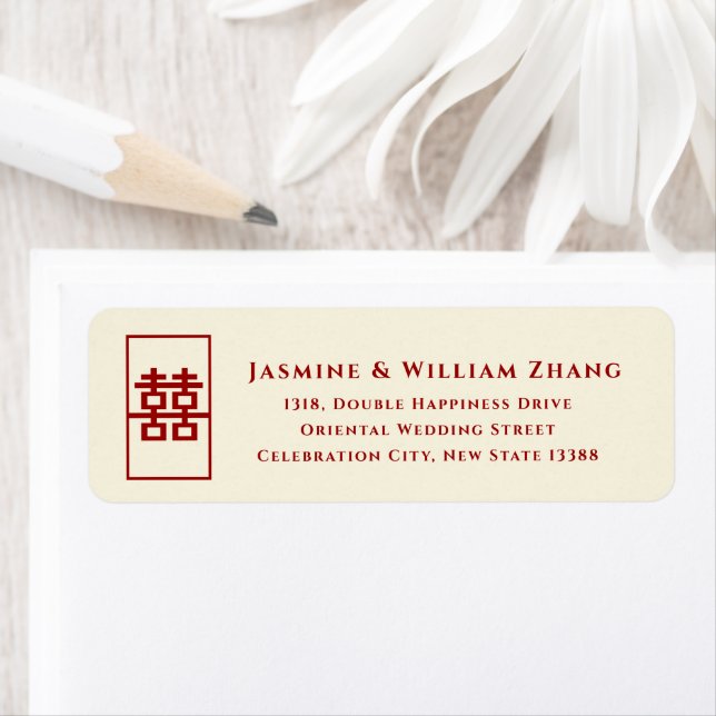 Rectangle Double Happiness Chinese Wedding Address Label (Insitu)